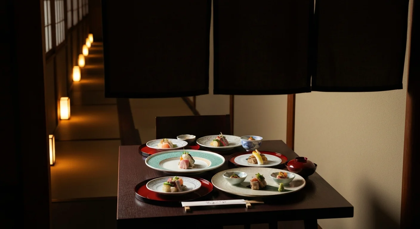 湯気の立つ懐石料理の盛り付けを斜めから写した写真