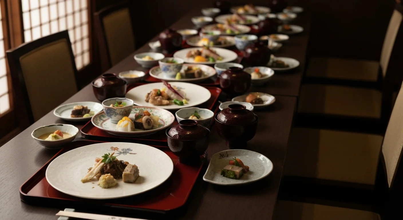 懐石料理の膳が並ぶ縦長の写真
